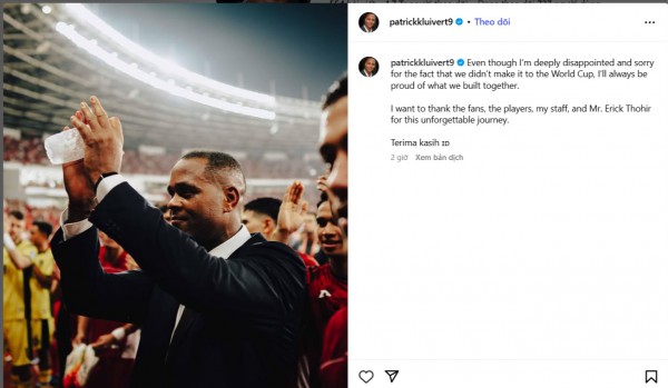 HLV Kluivert viết tâm thư đau lòng vì bị Indonesia sa thải: 'Tôi vô cùng thất vọng...' HLV Kluivert viết tâm thư đau lòng vì bị Indonesia sa thải: 'Tôi vô cùng thất vọng...'