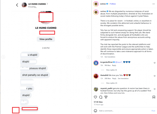 Sốc: CLB Wolverhampton phản ứng dữ dội CĐV bình luận phân biệt chủng tộc, có tài khoản tên tiếng Việt Sốc: CLB Wolverhampton phản ứng dữ dội CĐV bình luận phân biệt chủng tộc, có tài khoản tên tiếng Việt