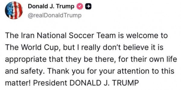 Ông Trump ‘quay xe’, cảnh báo đội tuyển Iran không nên dự World Cup 2026 vì lo ngại không an toàn